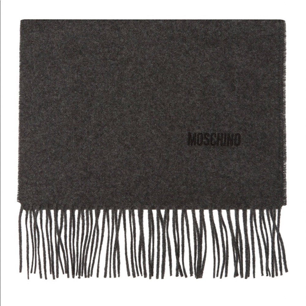 NWT Moschino Logo Merino Wool Fringe Scarf Grey